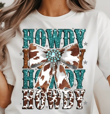 Turquoise and cow print “Howdy”